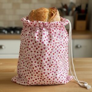 Valentine Red and Pink Heart & White Cotton Bread Bag, Reusable Sourdough Bag